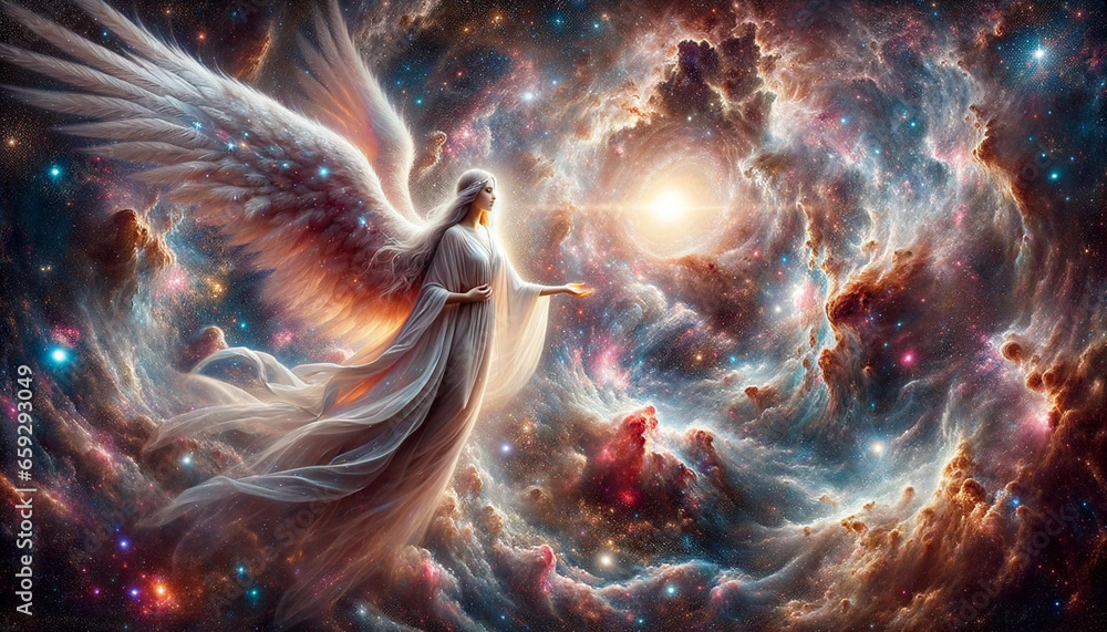 Obraz premium Transcendent Angel: Meditating Amidst the Cosmic Wonders