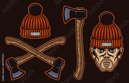 Lumberjack set of vector objects or design elements in colored style on dark background