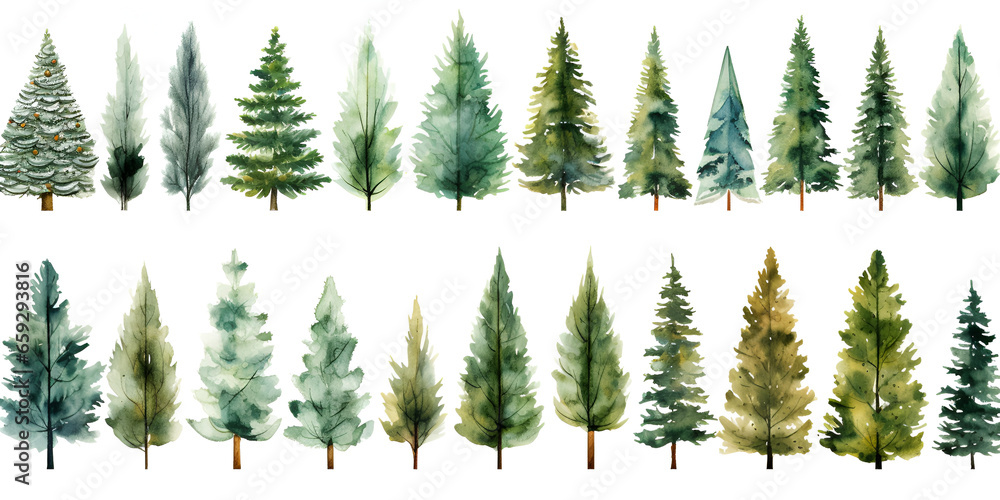 Obraz premium Set of different watercolor pine trees isolated on white background