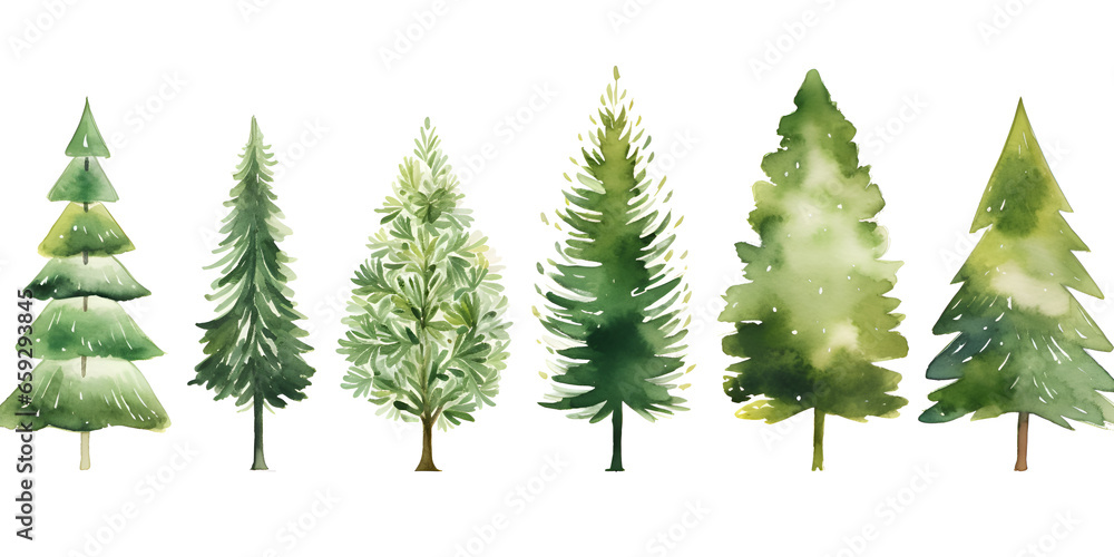 Set of different watercolor pine trees isolated on white background