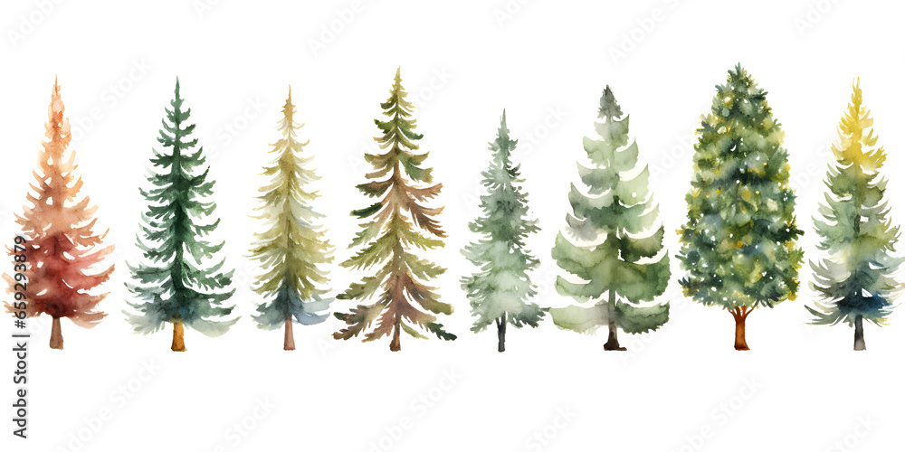 Set of different watercolor pine trees isolated on white background