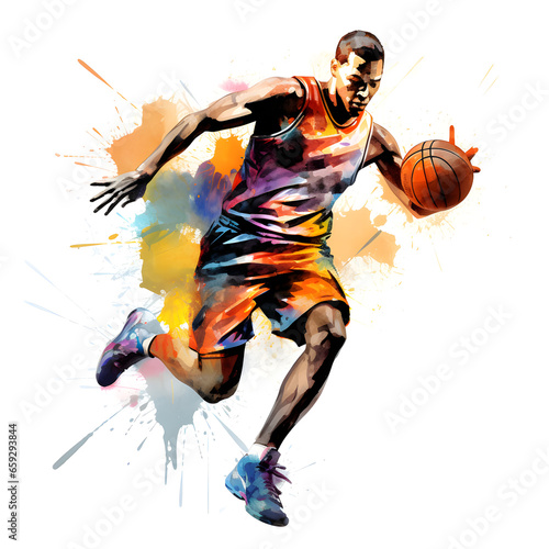 basketball player with ball in action, watercolor. © peekeedee