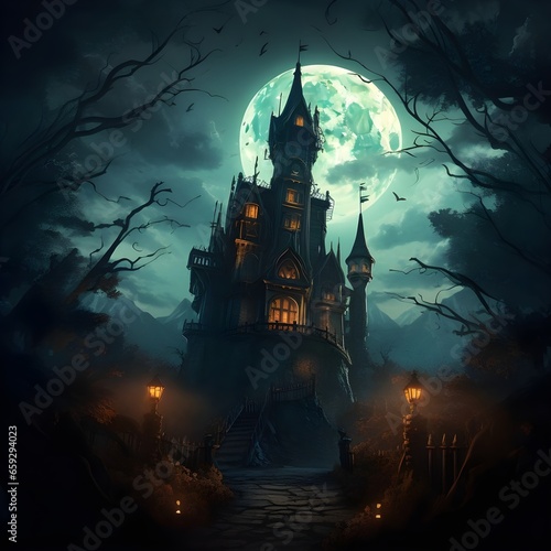 Halloween background with haunted house and full moon. Vector illustration.