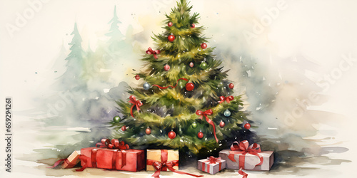 Watercolor green Christmas tree with ornaments and gifts on white background