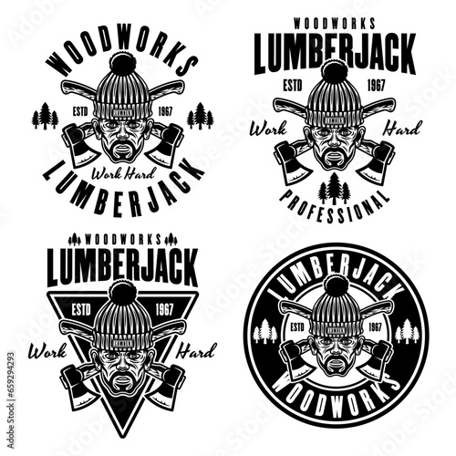 Lumberjack head in knitted hat and crossed axes set of vector emblems in vintage monochrome style isolated on white background