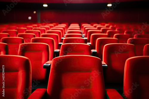Empty cinema auditorium with red seats and lights. 3d rendering, Bright empty red seats in cinema rows, AI Generated
