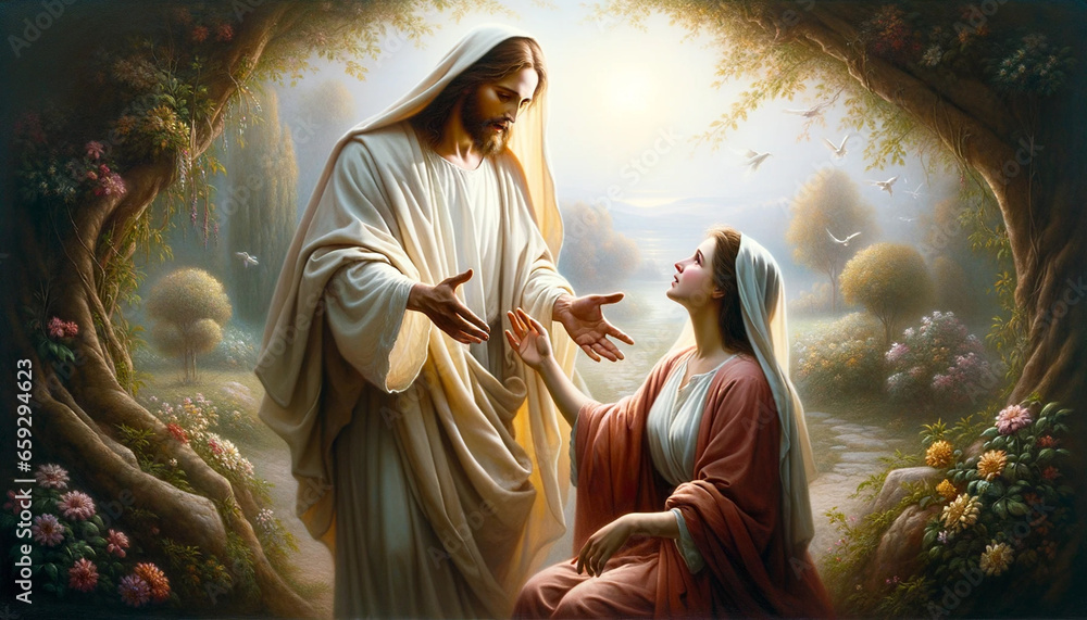 Witness to the Resurrection of Jesus Christ: Mary Magdalene's Meeting with the Risen Lord on Easter Sunday Morning. - obrazy, fototapety, plakaty 