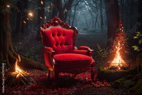 Crimson Comfort: The Red Velvet Chair, chair, furniture, campfires, bonfire, Ai Generated Image photo