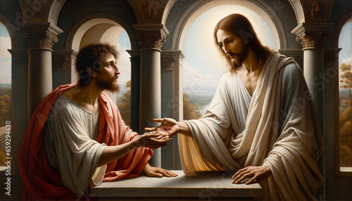 Touching the Divine Lord's Pierced hands: Doubting Thomas's Moment of Revelation Through His Intimate Encounter with the Crucifixion Wounds of the Resurrected Jesus Christ. photo