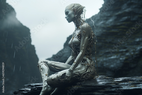 Sci-fi  fantasy  states of mind  nature concept. Half woman half robot meditating on rock during rain. Generative AI
