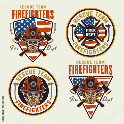Firefighters set of vector emblems, logos, badges or labels design illustration in colored style on light background