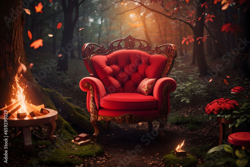 Red Velvet Chair: Luxurious Seating Elegance, chair, furniture, campfires, bonfire, Ai Generated Image photo