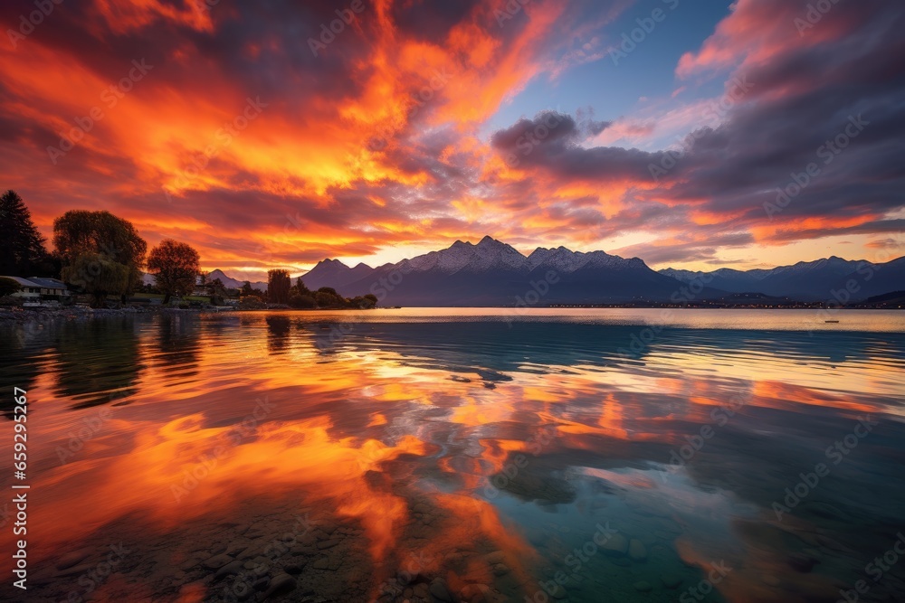 Sunset over Lake Lucerne, Switzerland, with reflection in the water, Bright sunset over lake Geneva, Switzerland, golden clouds reflect in the water, AI Generated