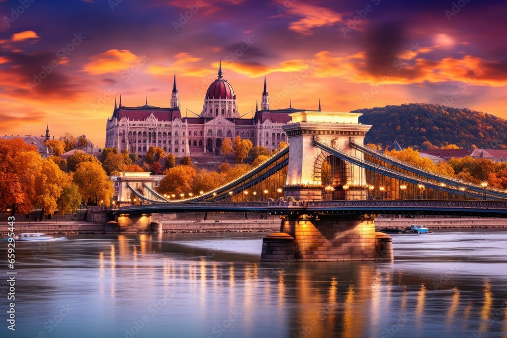 Obraz premium Budapest Chain Bridge over Danube river at sunset, Hungary, Budapest with chain bridge and parliament, Hungary, AI Generated