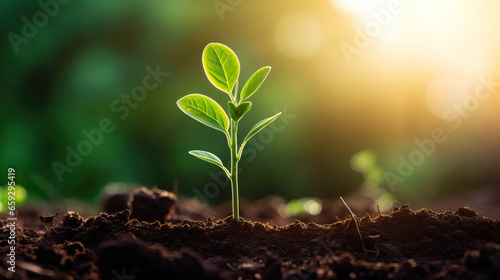 Young green plant growing in soil with sunlight. Ecology and environment concept