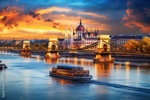 Budapest, Hungary. Chain Bridge and Danube river at sunset, Budapest with chain bridge and parliament, Hungary, AI Generated