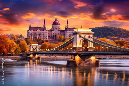 Budapest Chain Bridge over Danube river at sunset  Hungary  Budapest with chain bridge and parliament  Hungary  AI Generated