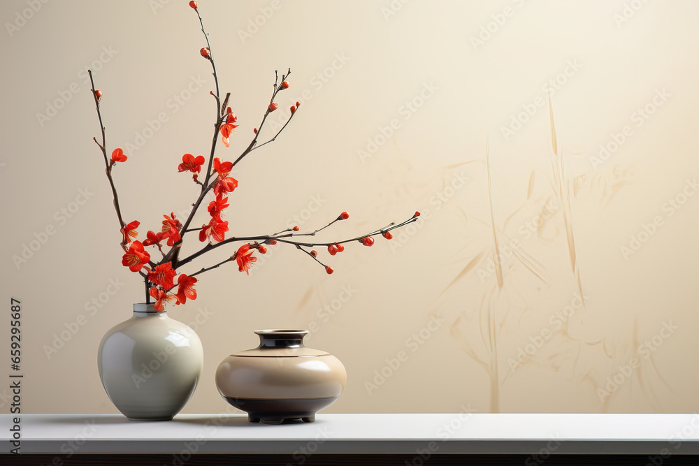 minimalistic ikebana, flower on a light background, with empty copy space minimalistic ikebana, flower on a light background, with empty copy space