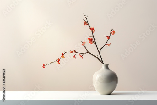 minimalistic ikebana  flower  on a light background  with empty copy space