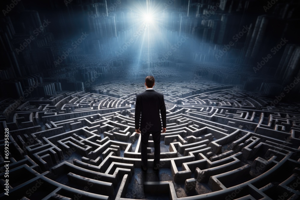 Businessman standing in front of a maze with light coming from above, Businessman standing on top of a maze looking at the way to success, AI Generated - obrazy, fototapety, plakaty 