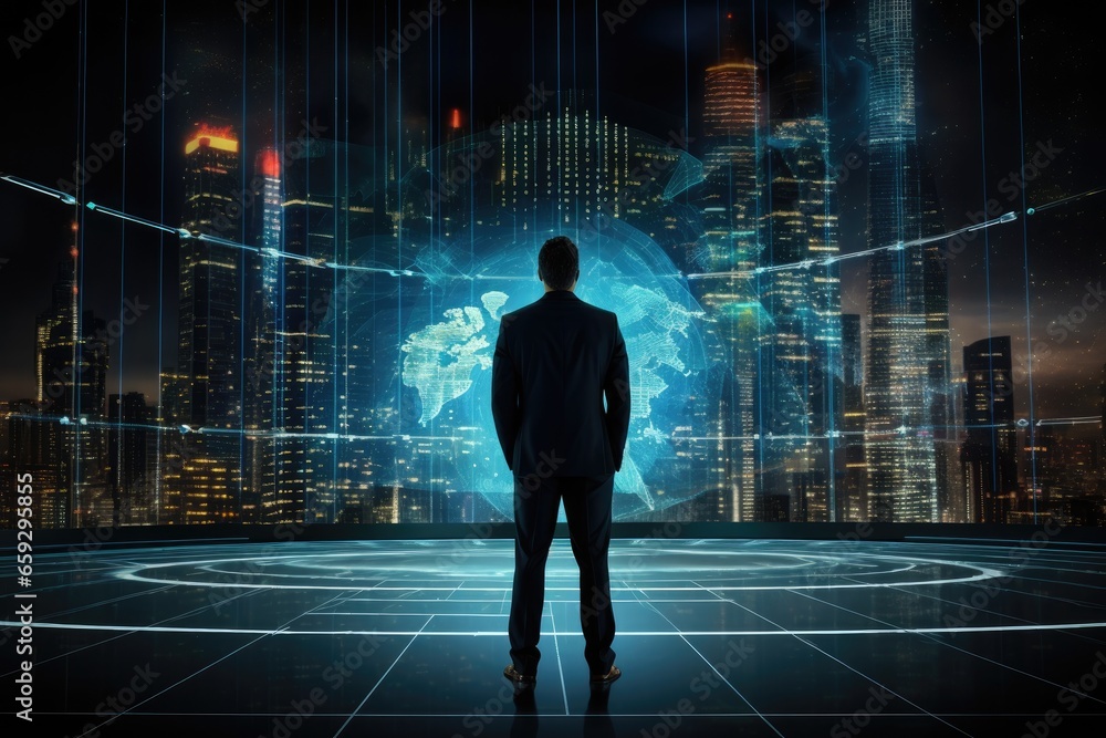 Obraz premium Back view of businessman looking at planet hologram against night cityscape, Businessman standing in front of a digital big screen hologram showing business data, rear view, AI Generated