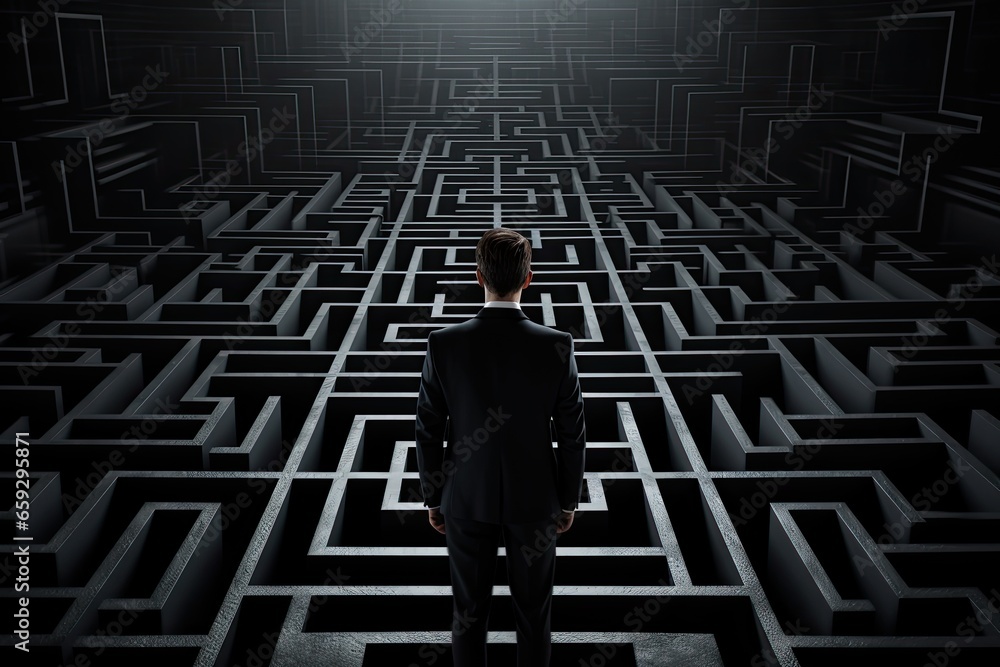 Businessman standing in a middle of a maze with a solution concept, Businessman standing in front of a large maze on a Black background, AI Generated Businessman standing in a middle of a maze with a solution concept, Businessman standing in front of a large maze on a Black background, AI Generated