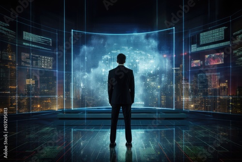 Back view of businessman looking at night city and digital interface. Mixed media, Businessman standing in front of a digital big screen hologram showing business data, rear view, AI Generated