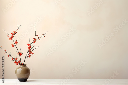 minimalistic ikebana, flower on a light background, with empty copy space