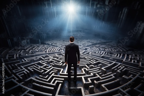 Businessman standing in front of a maze with light coming from above, Businessman standing on top of a maze looking at the way to success, AI Generated