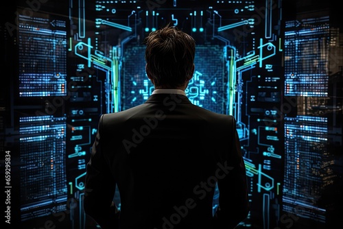 Back view of businessman looking at digital business hologram on dark background, Businessman using advanced AI technology on a Black background, rear view, AI Generated