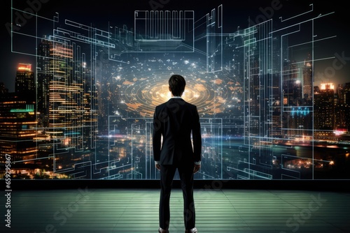 Back view of businessman looking at virtual panel with cityscape at background, Businessman standing in front of a digital big screen hologram showing business data, rear view, AI Generated