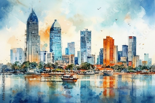Cityscape in Bangkok with watercolor style and impressionist painting. Generative AI