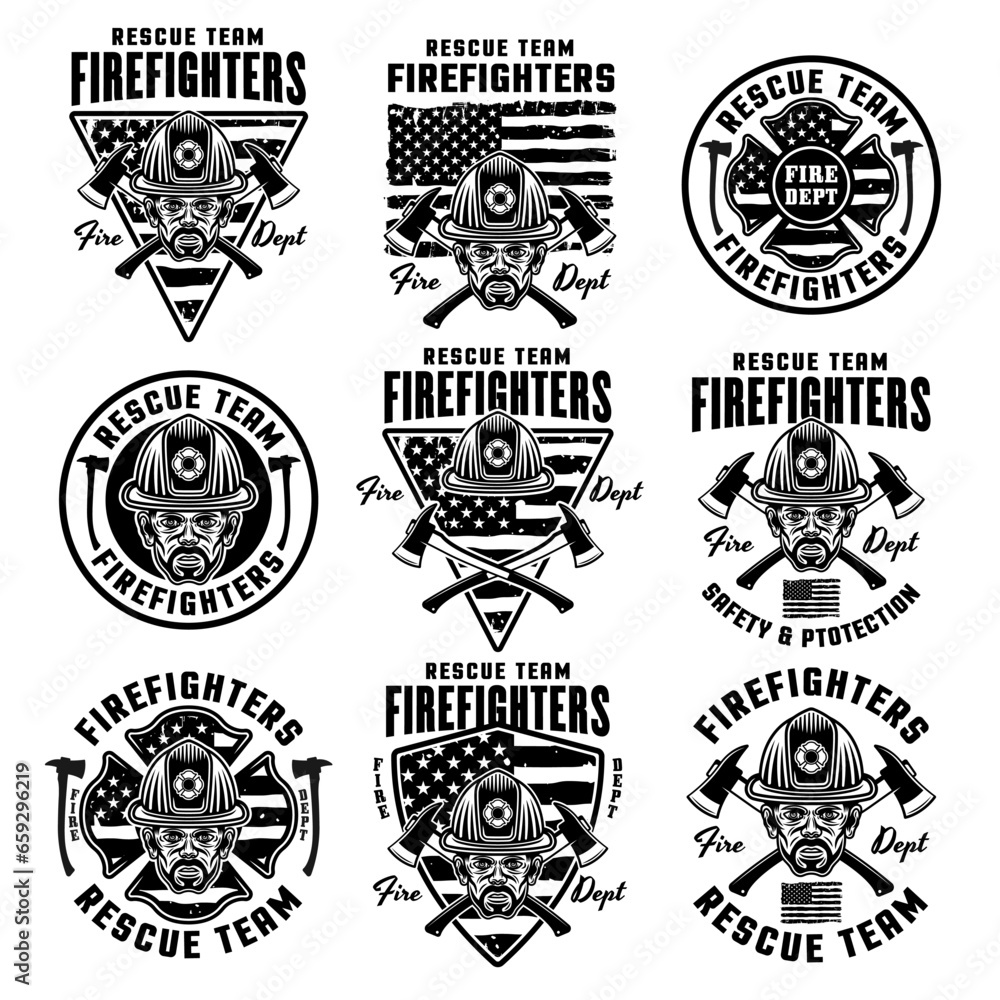 Naklejka premium Firefighters set of vector emblems, logos, badges or labels design illustration in monochrome style isolated on white background