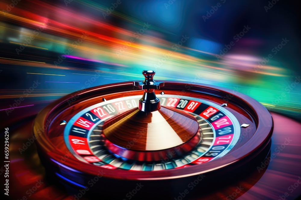 Obraz premium Casino roulette wheel on a colorful background. 3d rendering, Casino roulette wheel in motion on a colorful background, AI Generated