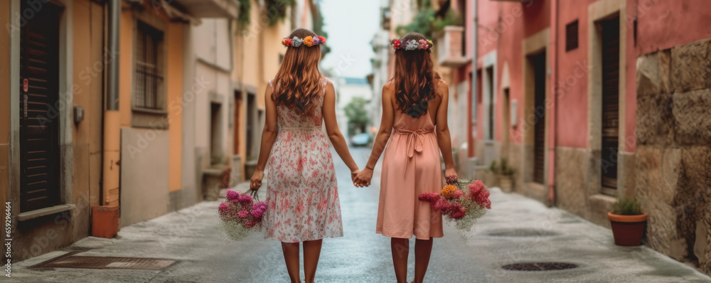 couple of lesbian women holding hands walking through the village, generative ai
