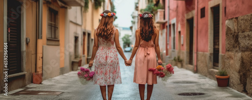 couple of lesbian women holding hands walking through the village, generative ai © tetxu
