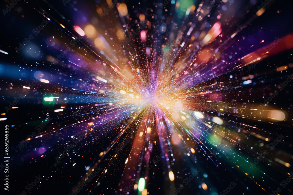 Abstract fancy and festive background of sparkles, rainbow spectrum, chromatic aberration, shiny light and lens flare. Black background with copy space. Generative AI Abstract fancy and festive background of sparkles, rainbow spectrum, chromatic aberration, shiny light and lens flare. Black background with copy space. Generative AI