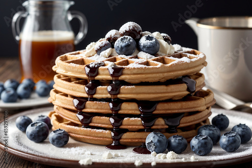 Belgian waffles with blueberries in powdered sugar.  Generative AI.