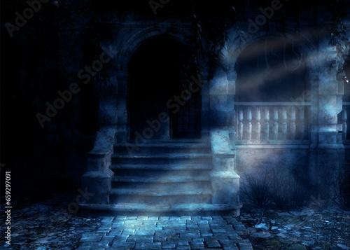 3D Rendered Haunted mansion at night