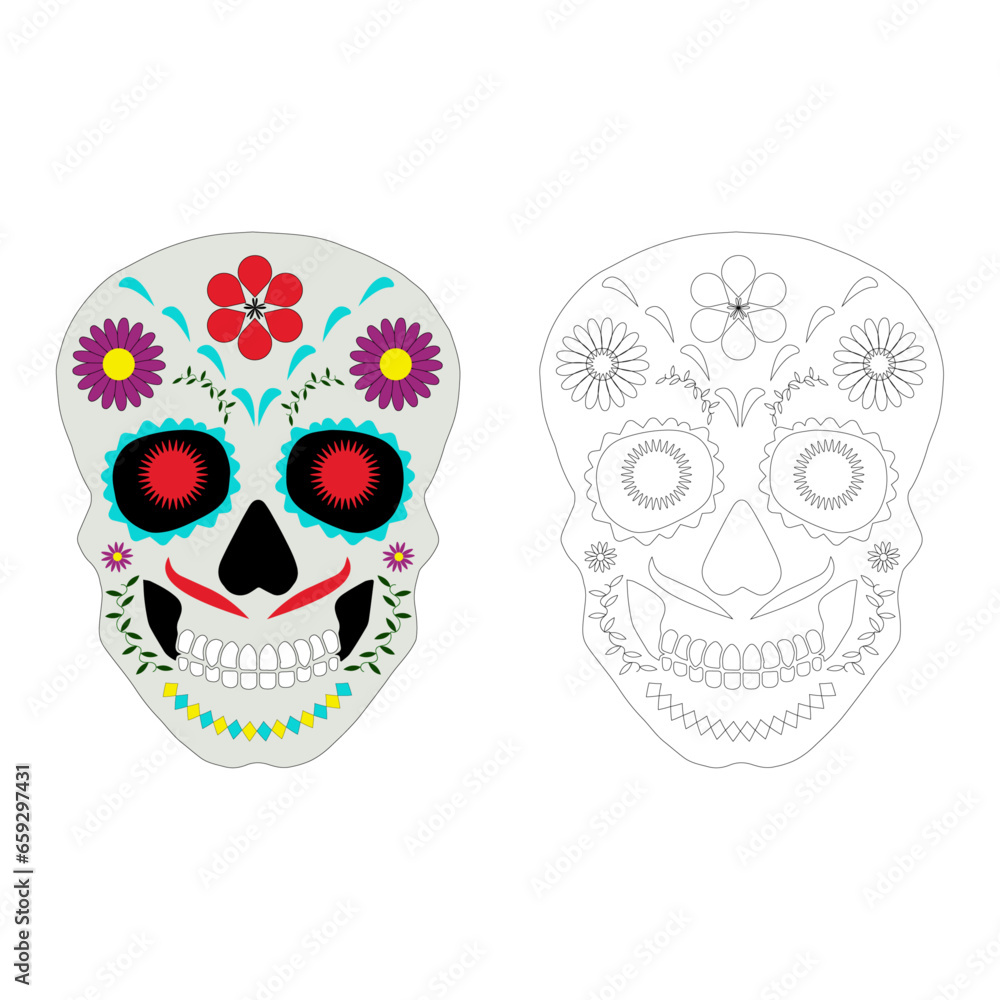Dia Los Muertos, Day of the Dead or Mexican Halloween. Decorations with flowers can be used for painting. Skull vector illustration background. Dia Los Muertos, Day of the Dead or Mexican Halloween. Decorations with flowers can be used for painting. Skull vector illustration background.