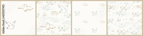 Owls and meadow seamless, pattern. Hand drawn forest landscape. Bird in woodland vector