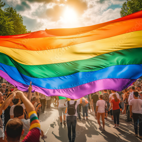 Colors of Unity: Vibrant LGBT Flag Soars High at the Pride Parade Amidst a Sea of People