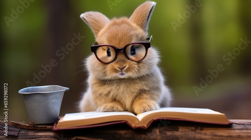 Cute bunny rabbit using lap...
