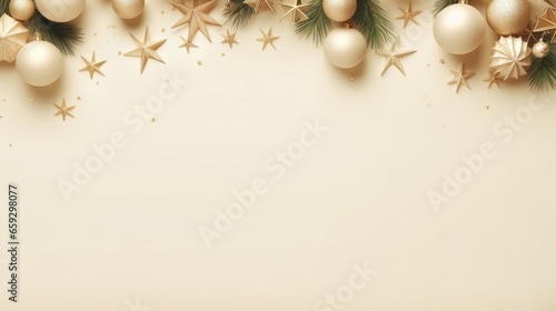 Boho Christmas banner design with balls stars fir branches on beige background Flat lay top view space for text