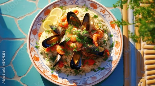 Delicious and healthy Mediterranean seafood risotto on a white plate