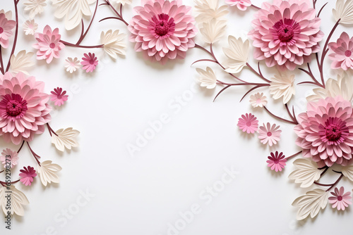 Paper cut flowers and leaves, Fresh spring nature background. Floral banner, poster, flyer template with copy space.