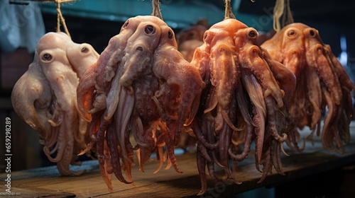 Dried squids available at Laem Chabang Fishing Village market in Thailand photo