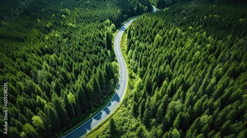 Drone captures winding road in summer forest wilderness