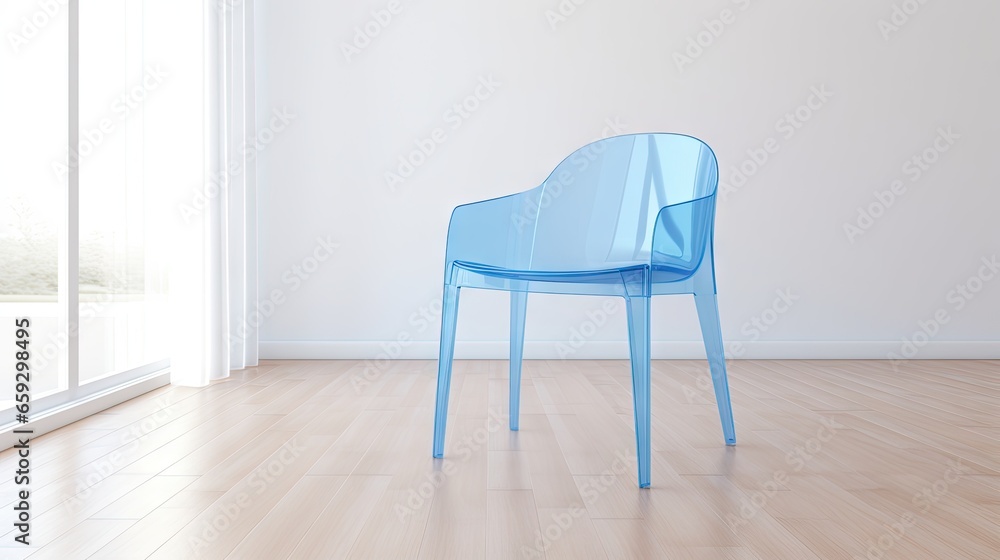 Blue plastic chair in white room with wood floor Blue plastic chair in white room with wood floor