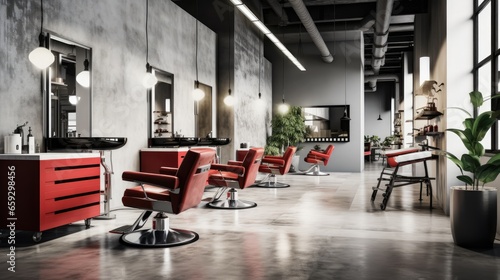 3D rendering of a healthcare and fashion themed barber shop with gray and white walls concrete floor red furniture and large mirrors